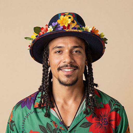 Man with Braided Hair and Floral Hat