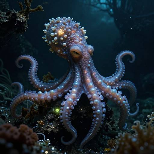 Photograph of a bioluminescent octopus with glowing white and blue spots, floating in a dark, underwater ocean habitat surrounded by coral.
