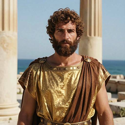 Photograph of a bearded man with curly brown hair, wearing a gold and brown ancient Greek-style tunic, standing in front of stone columns with