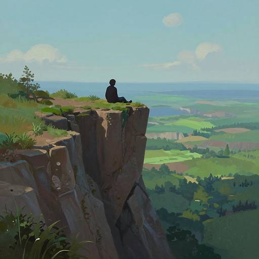 Digital painting of a person silhouetted on a cliff, overlooking a vibrant, sprawling green landscape with fields, forests, and a distant horizon under