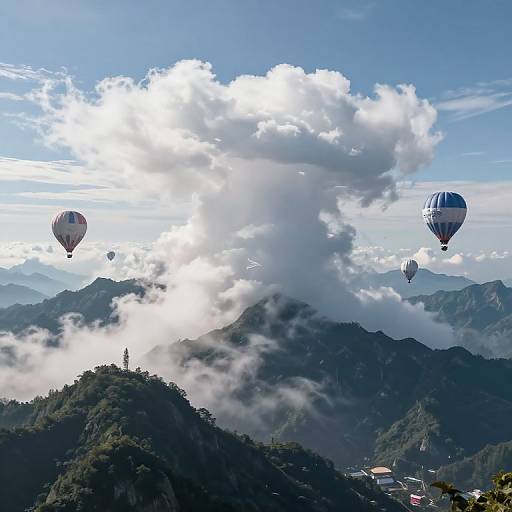 Photograph of a mountainous landscape with five colorful hot air balloons soaring above, surrounded by fluffy white clouds and lush green hills under a bright blue sky