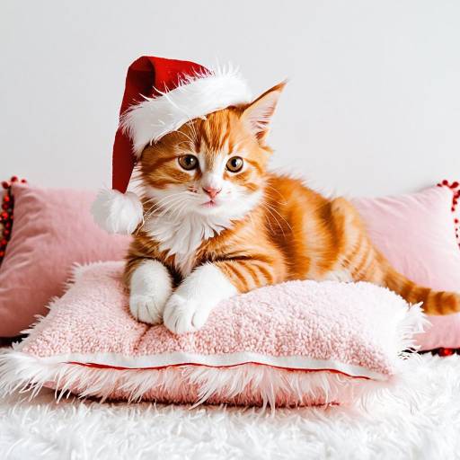 Orange Kitten in Santa Hat on Pink Pillow