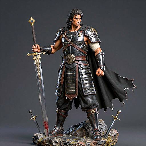 Muscular Male Warrior Statue with Blood-Stained Sword