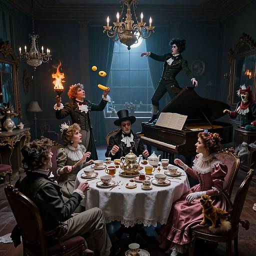 Photograph of Victorian-era dinner party interrupted by four acrobatic performers juggling balls and torches in a dimly lit, ornate room.
