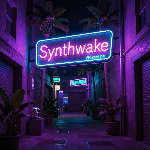 Photograph of a neon-lit alley at night with vibrant purple and blue lights. 