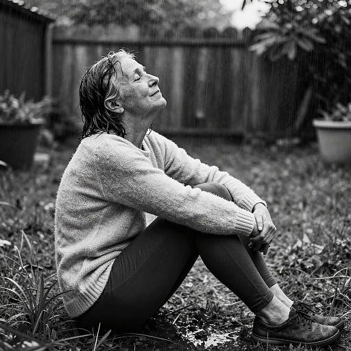 Black-and-white photograph of a woman with wet hair, sitting on grass, wearing a sweater and pants, eyes closed, in a rainy backyard with a