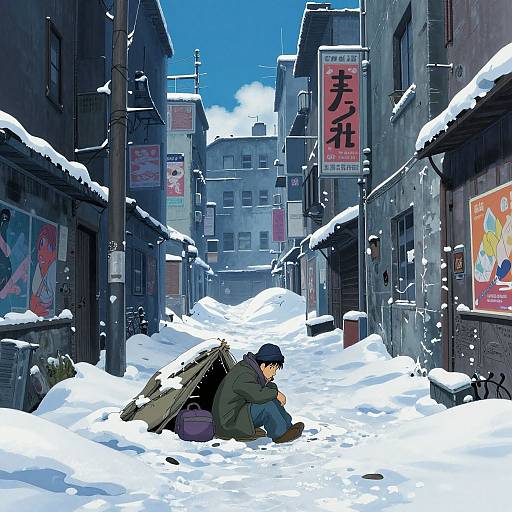 Digital anime-style artwork of a young man with black hair, wearing a green jacket, sitting in snow-covered urban alleyway between buildings with colorful Japanese signs