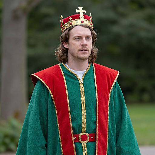 Photograph of a Caucasian man with shoulder-length brown hair, wearing a red and green royal robe, gold-trimmed crown with cross, standing outdoors