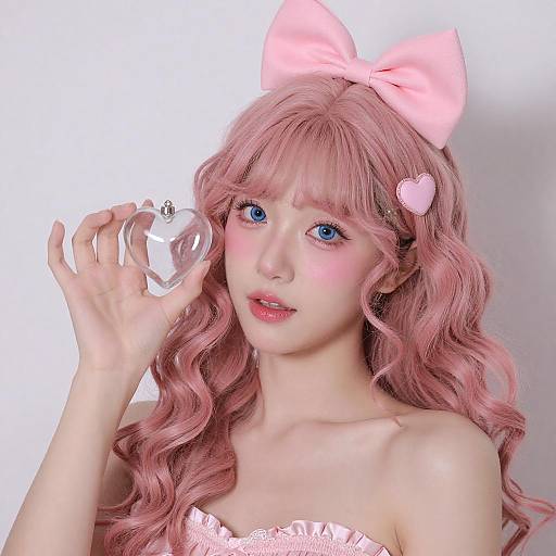 Playful Pink-Haired Woman with Heart Ornament