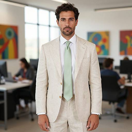 Photograph of a handsome, dark-haired man with a trimmed beard, wearing a white suit and light green tie, standing in a modern, brightly lit