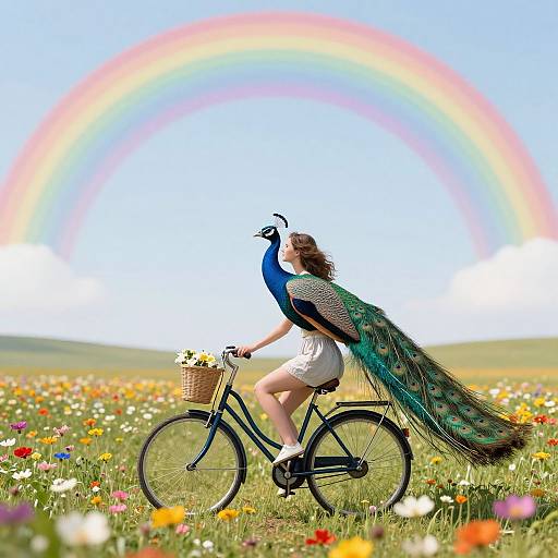 Photograph of a woman with long brown hair, wearing white shorts, riding a bicycle with a peacock on her back, in a colorful flower field