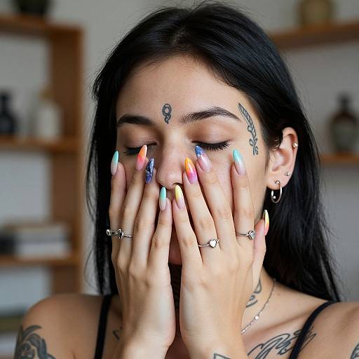 Tattooed Woman with Colorful Nails