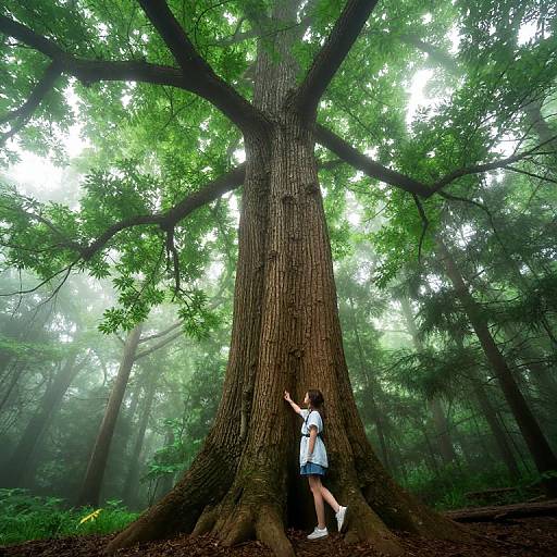 Photograph of a young woman in a white shirt and blue skirt, standing against a massive, misty green forest tree, arms raised, surrounded by