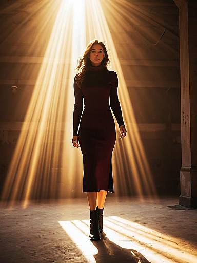 Woman in Burgundy Ribbed Knit Dress with Sunlight Rays