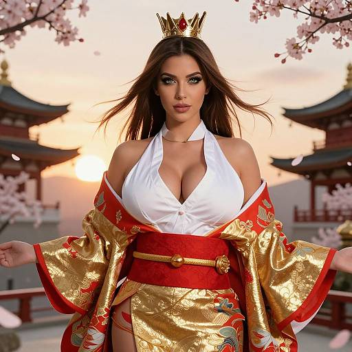 Digital artwork of a beautiful Asian woman with long brown hair, large breasts, wearing a gold and red kimono, white halter top, crown,