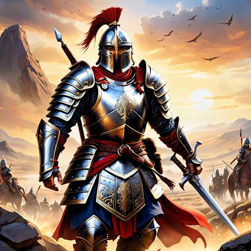 Brave Warrior in Steel Armor on Battlefield Brave Warrior in Steel Armor on Battlefield
