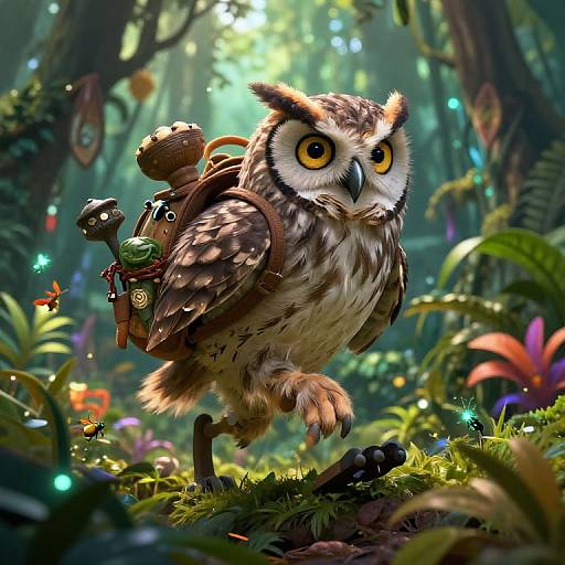 Digital illustration of an adorable, wide-eyed owl with brown and white feathers, wearing a backpack with small items, standing in a vibrant, enchanted forest filled