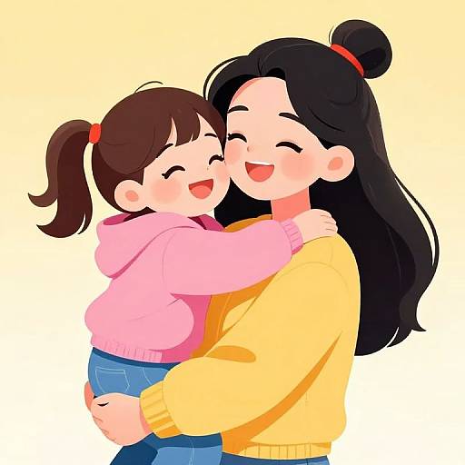 Digital anime-style illustration of a smiling mother with long black hair in a bun, hugging her joyful daughter with brown hair in a ponytail, wearing
