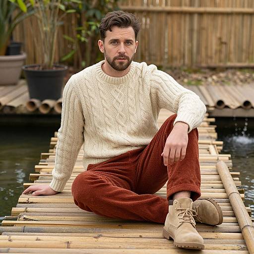 Photorealistic image of a bearded man with dark hair, wearing a cream knit sweater, red corduroy pants, and tan boots, sitting