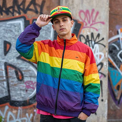 Photograph of a young man with short brown hair, wearing a rainbow-striped jacket, matching cap, and graffiti-covered urban background.
