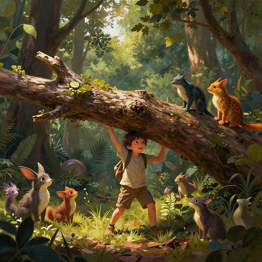 Digital painting of a forest scene: A young boy with a backpack, standing on grass, reaches for a large tree branch. Various colorful, mythical creatures