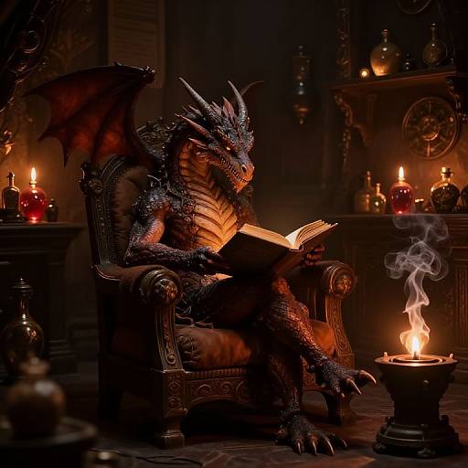 Photorealistic digital art of a dark blue, scaly dragon with red eyes, reading a book in an ornate, dimly lit, candle