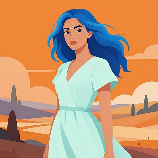 Digital illustration of a woman with vibrant blue hair, wearing a white dress, standing in a stylized desert landscape at sunset.