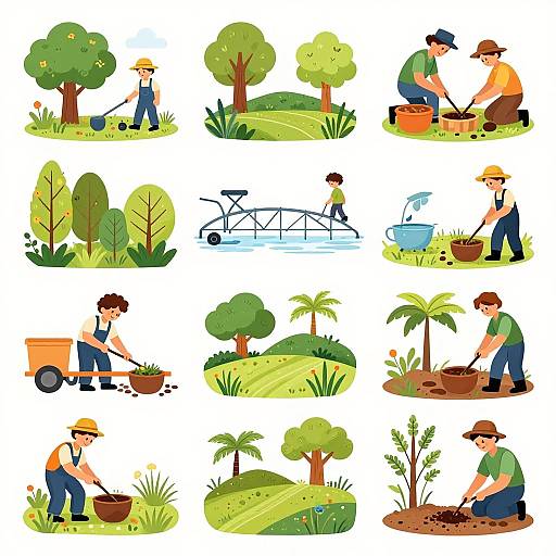 Illustration of a cartoon gardener performing various gardening tasks: planting, watering, digging, hauling, and mowing, in a colorful, sunny outdoor