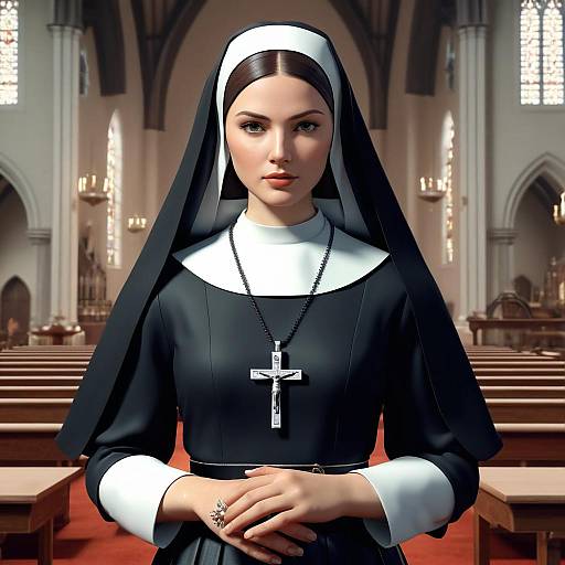Digital art of a young, fair-skinned nun with dark hair, wearing a black and white habit, cross necklace, in a grand, cathedral-like