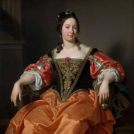 Baroque-style portrait of a fair-skinned woman with dark hair, wearing an ornate red and black corset with gold embroidery, and a volum