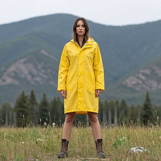 Woman in Yellow Raincoat by Mountain