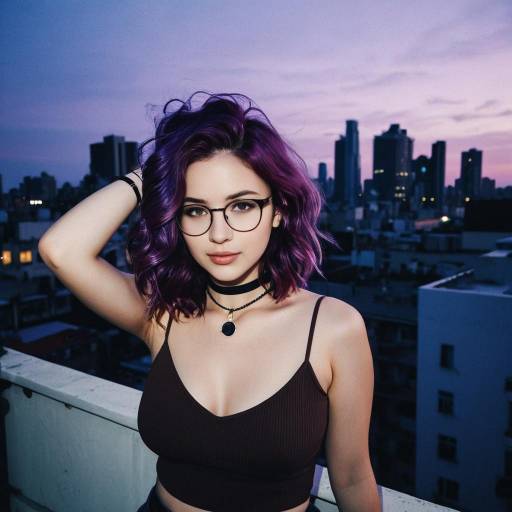 Young Woman with Purple Hair on Rooftop at Dusk