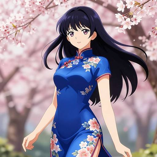 Anime-style digital drawing of a beautiful woman with long black hair in a blue floral cheongsam, standing under blooming cherry blossoms.
