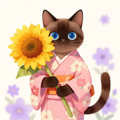 Digital illustration of a brown Siamese cat with bright blue eyes, wearing a pink floral kimono, holding a large sunflower. Background: soft