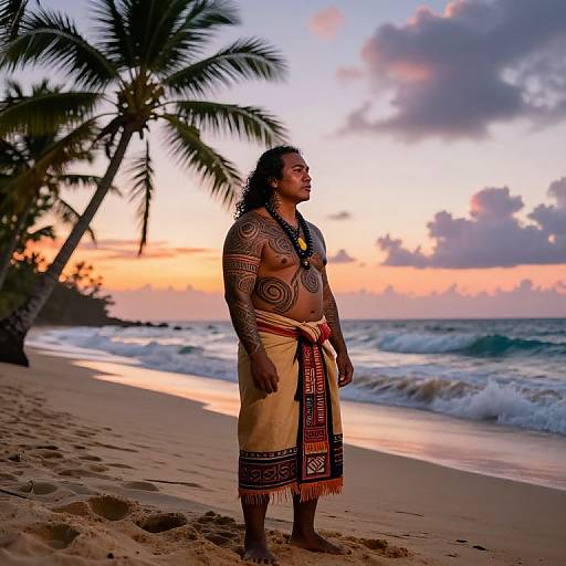 Photograph of a muscular Polynesian man with tribal tattoos, long black hair, wearing a traditional loincloth and beaded necklace, standing on