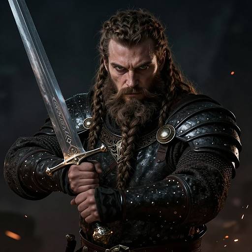 Photograph of a muscular, bearded warrior with braided hair, wearing dark, shiny armor, gripping a gleaming sword, in a dimly