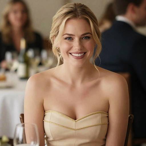 Smiling Blonde Woman in Beige Strapless Dress