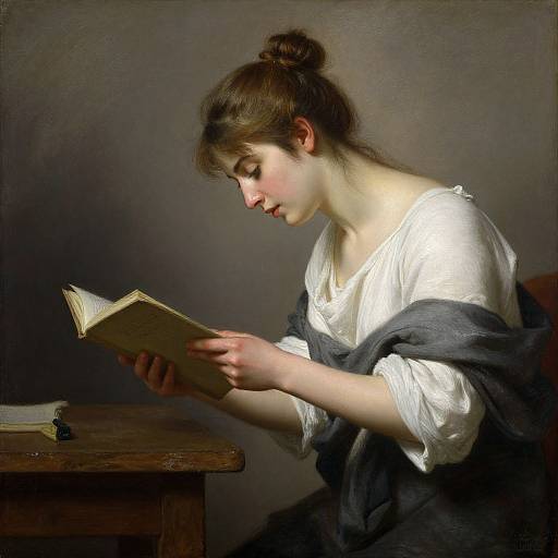 Photorealistic painting of a young woman with fair skin and brown hair in a bun, wearing white blouse and gray shawl, intensely reading a book