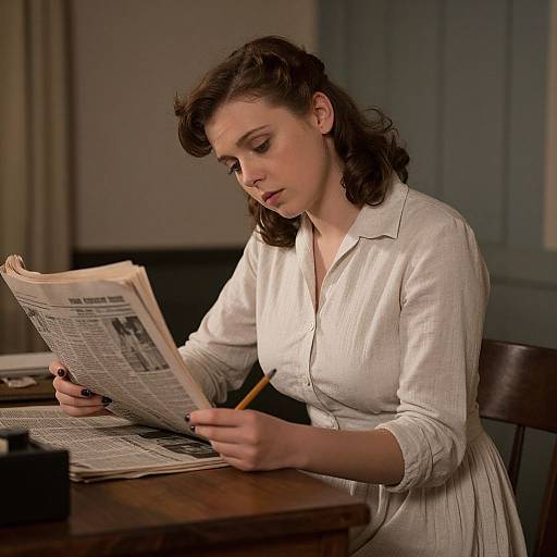 Photograph of a focused young woman with curly brown hair, wearing a white, button-up shirt, reading a newspaper at a wooden table with a pencil