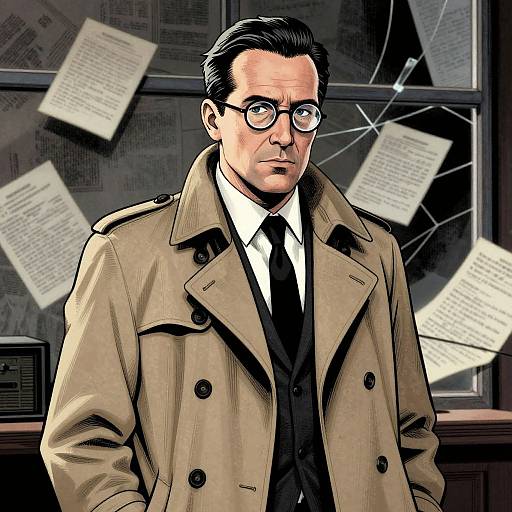 Digital comic-style drawing of a serious, middle-aged man with black hair, glasses, and tan trench coat, papers flying around shattered window in the background