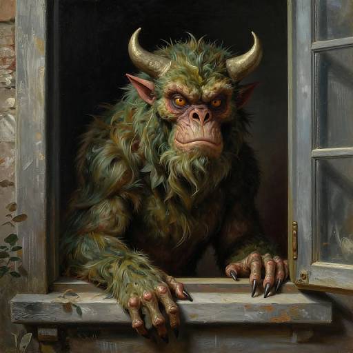 Digital painting of a menacing, green-furred, horned goblin with glowing orange eyes, leaning out of a rustic, worn window.