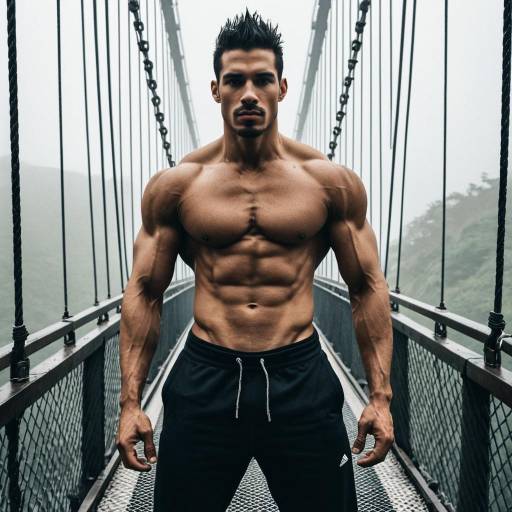 Muscular Man Standing on Foggy Suspension Bridge