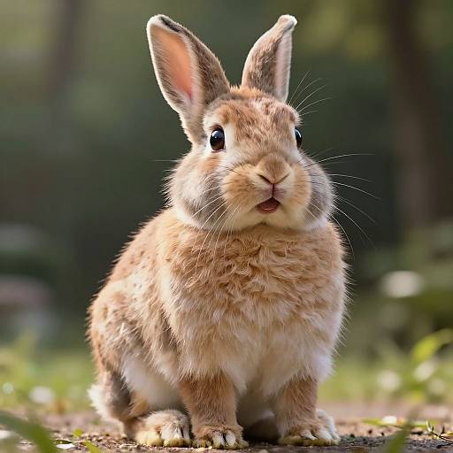 Photograph of a fluffy, light brown rabbit with upright ears, dark eyes, and white whiskers, sitting on grass in a sunlit, blurred