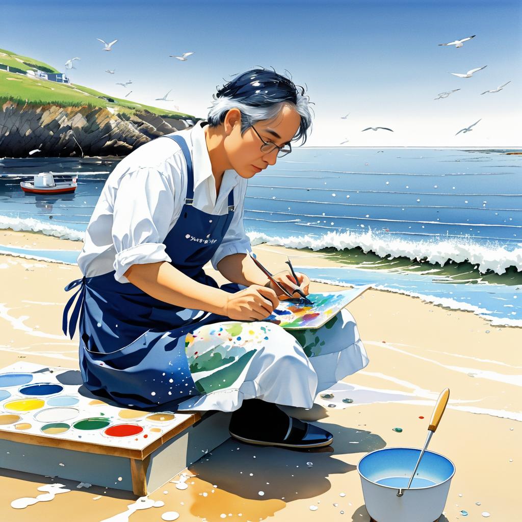 Nostalgic Seaside Painter in Manga Style