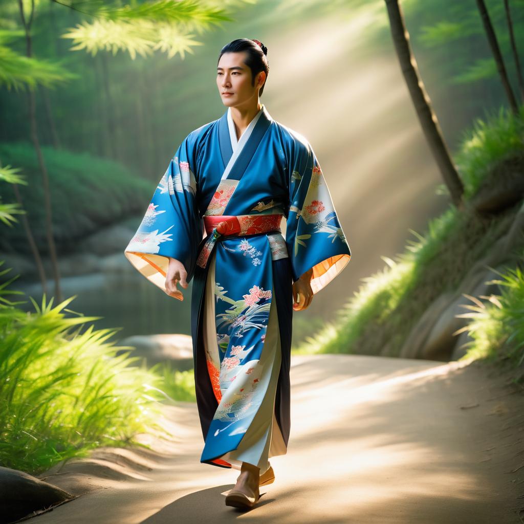 Serene Morning with Tall Asian Man in Kimono