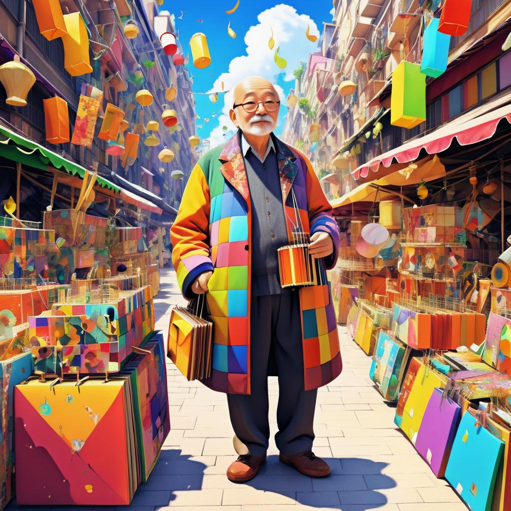 Whimsical Old Man in Colorful Market