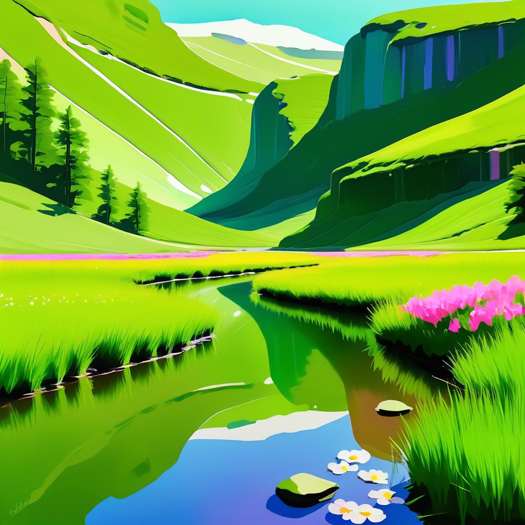 Lush Valley with Wildflowers and Reflection