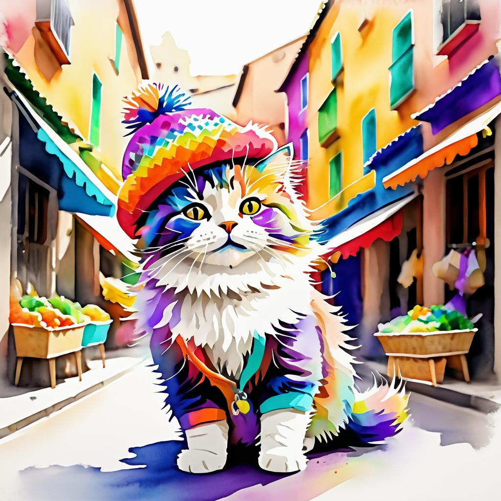 Whimsical Fluffy Cat in Vibrant Market