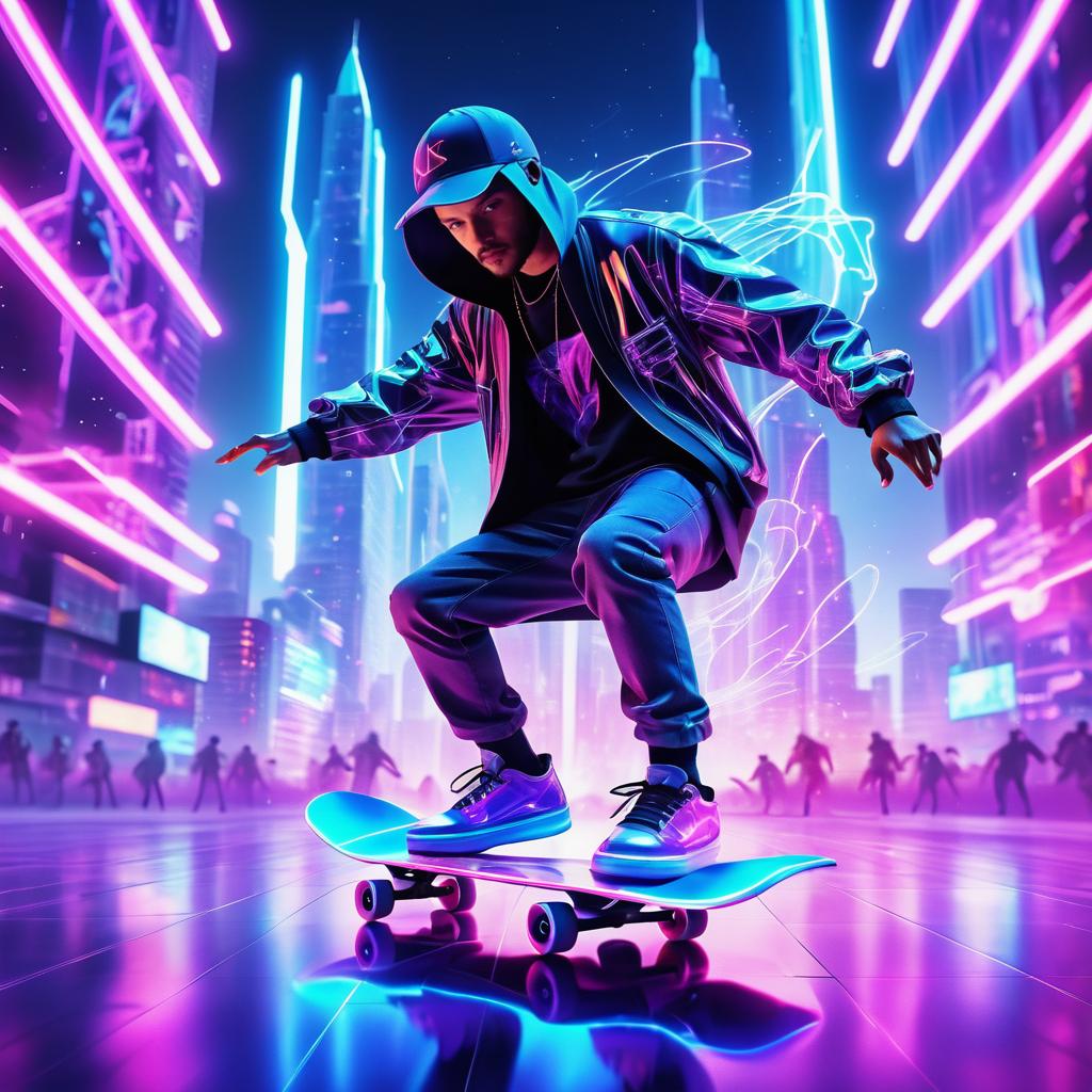 Futuristic Wizard Skateboarding in Neon City