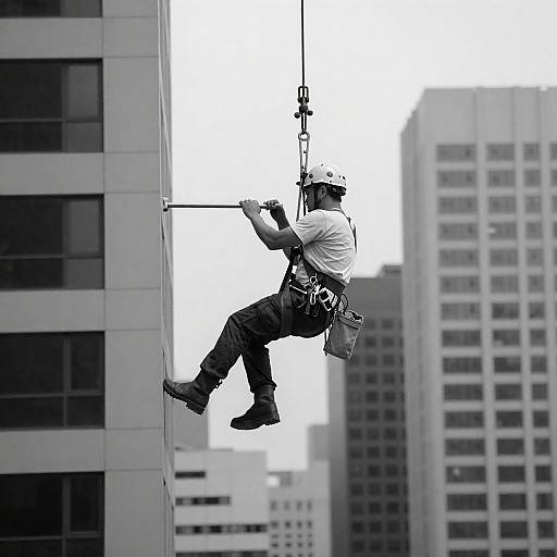 Black-and-White Suspended Construction Worker Photo